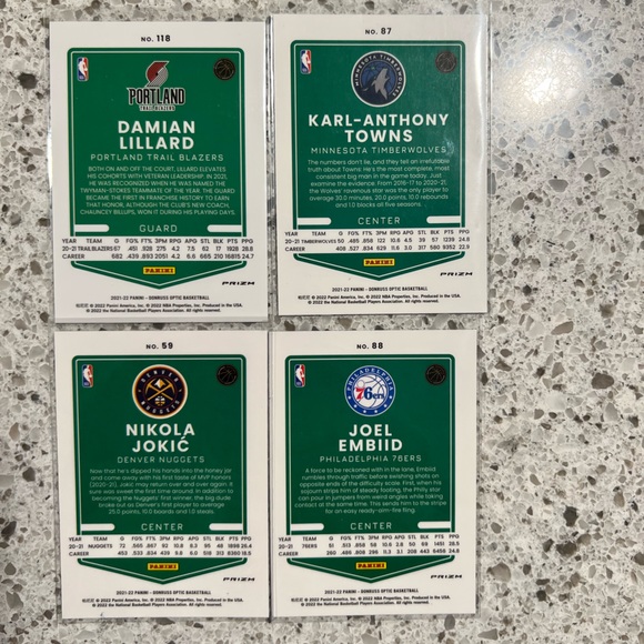 NBA CARD LOT OF 4 BLUE VELOCITY PRIZMS JOEL EMBIID/NIKOLA JOKIC/LILLARD/TOWNS - Picture 2 of 2